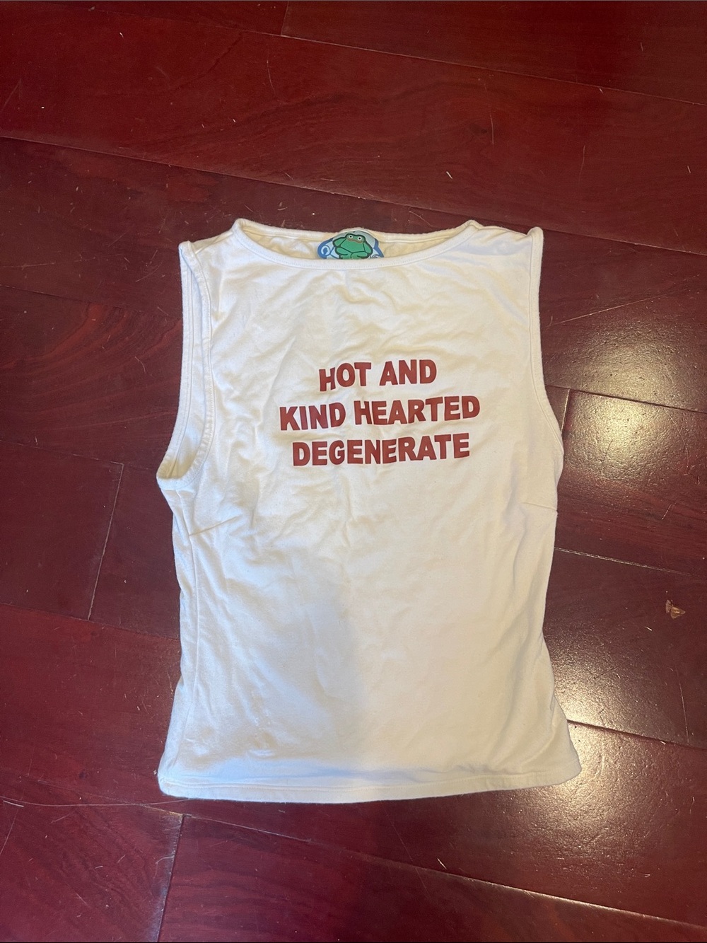 omighty White Tank Top with Red Text "Hot and Kind Hearted Degenerate"